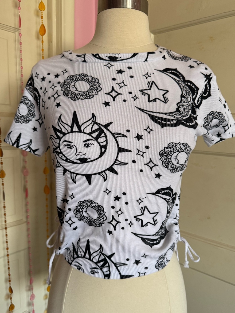 ON FIRE Celestial Sun Moon Ribbed Ruched Drawstring Crop Top M Goth